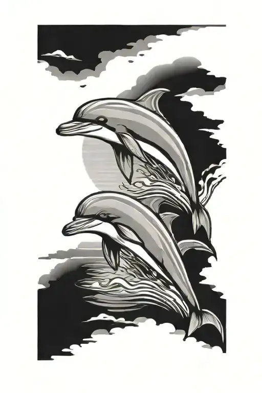 Two Dolphins Jumping With Sunset Looking At Each Other