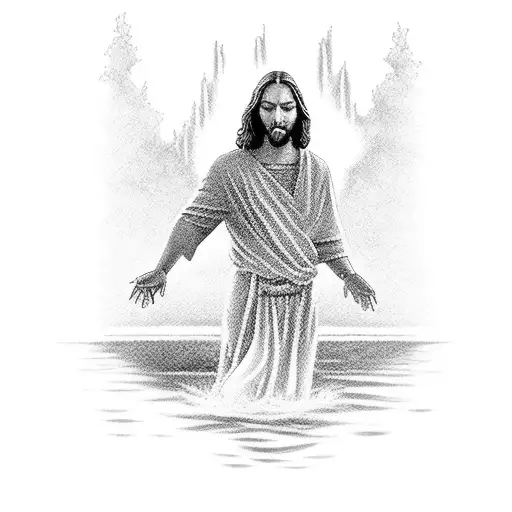 A Serene Image Of Jesus Walking On Water With A Boat In The Background