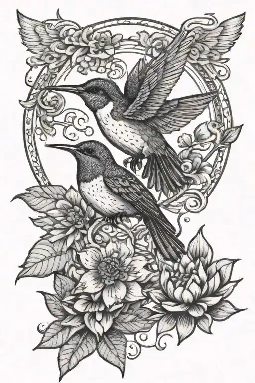 Hummingbird With Moon Lotus Flower Peacock Feather Tree Of Life