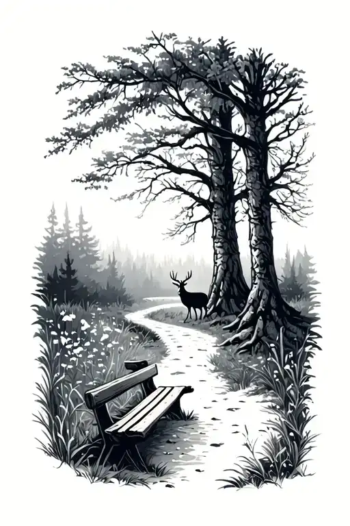 Forest Path With A Bench And A Deer