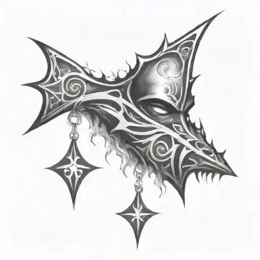 Steel Face Mask With Markings Surrounded By Fire