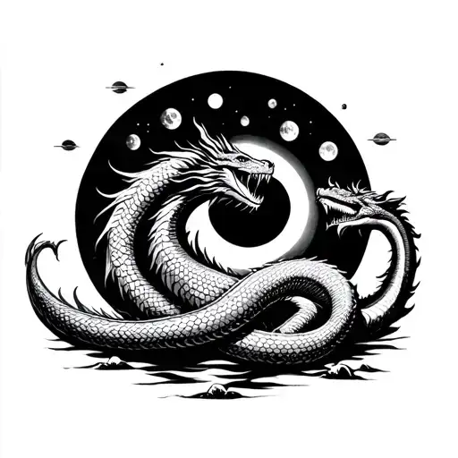 Serpent Like Dragon Trying To Eat 7 Moons While There Is A Storm