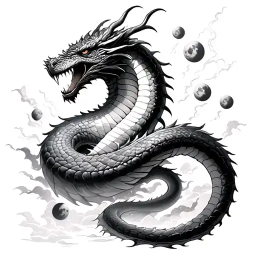 One Huge Serpent Like Dragon Trying To Eat 7 Moons While There Is A Storm Of Rain And Lightning