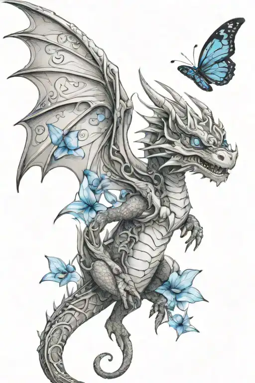 Blue Eyed Dragon Surrounded By Blue Butterflies