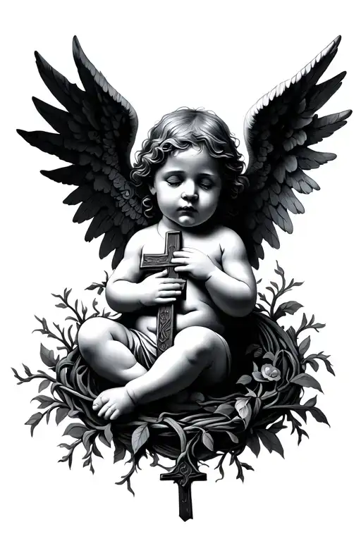 Baby Angel With Cross Wrapped Around Vines Growing