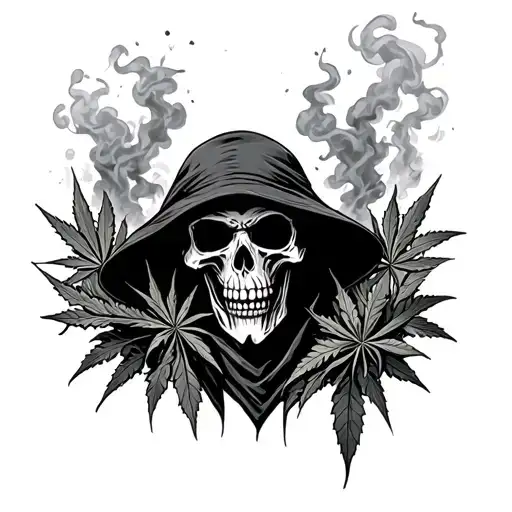 Grim Reaper Skull With Weed Leafs Falling And Smoke Surrounding Standing Reaching Out