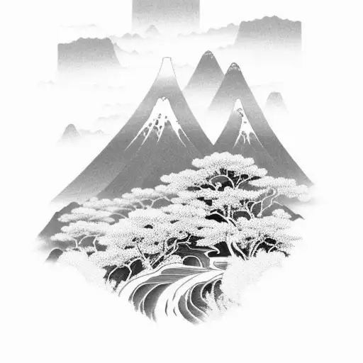 A Serene Landscape Of Mountains And Water Inspired By Japan In A Black-grey Style