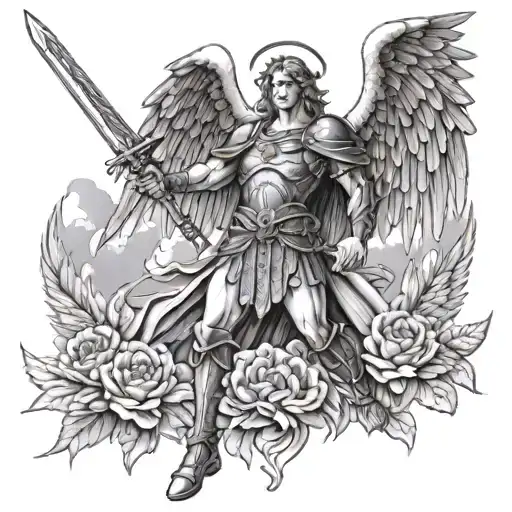 Archangel Michael With A Sword And Wings Against A Sky Of Doves