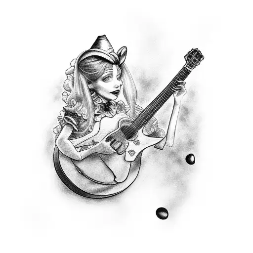 An Intricate Black And Grey Tattoo Of A Guitar With Alice From Wonderland Playing It