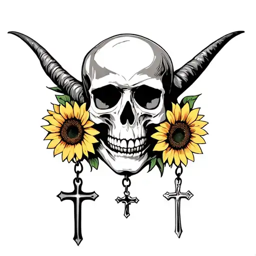 Skull Surrounded With Sunflowers And Cross Hanging From Horn