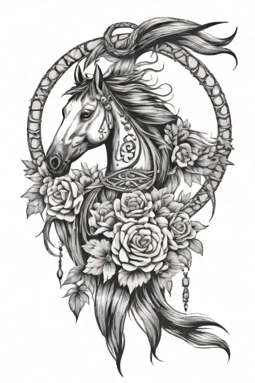 Horse Head Inside Dream Catcher With Flowers Blooming
