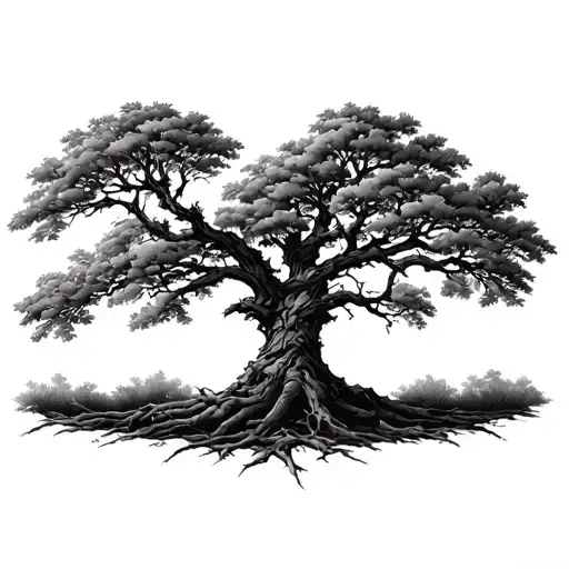 Alder Tree With Oak Tree Intertwined With Vine Wrapping