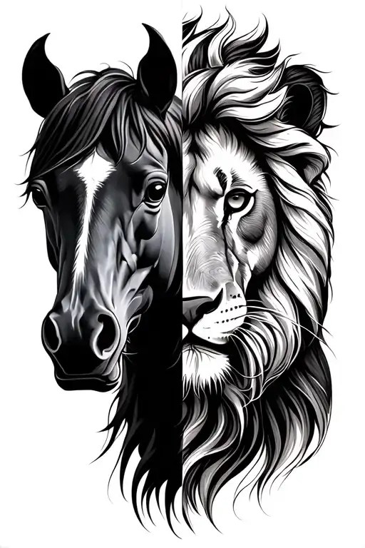 Half A Horse On Left And Half A Lion On Right Tattoo Design Featuring