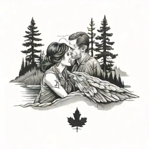 A Romantic Scene Of A Couple Embracing With A Background Of Canadian Wilderness