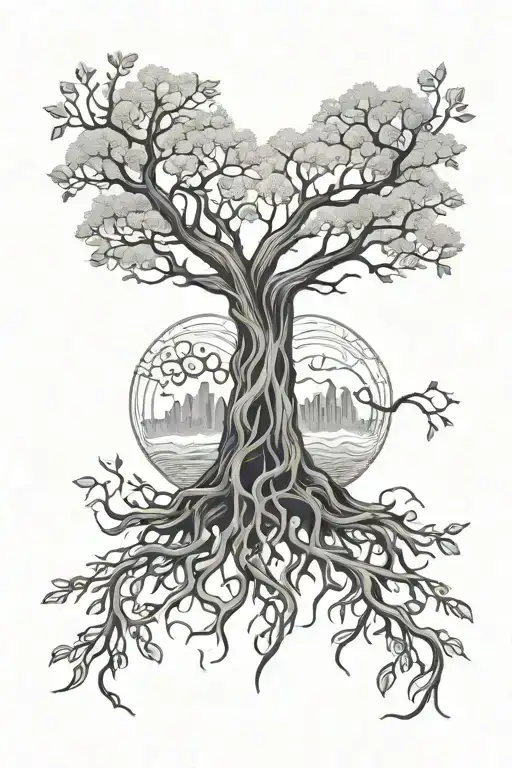 Black Minimalist Tattoo Design Featuring Yggdrasil