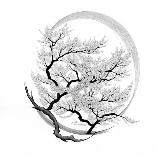 Cherry Blossom Branch Infront Of Moon