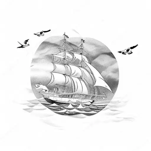Ship With Seagulls And One Dove