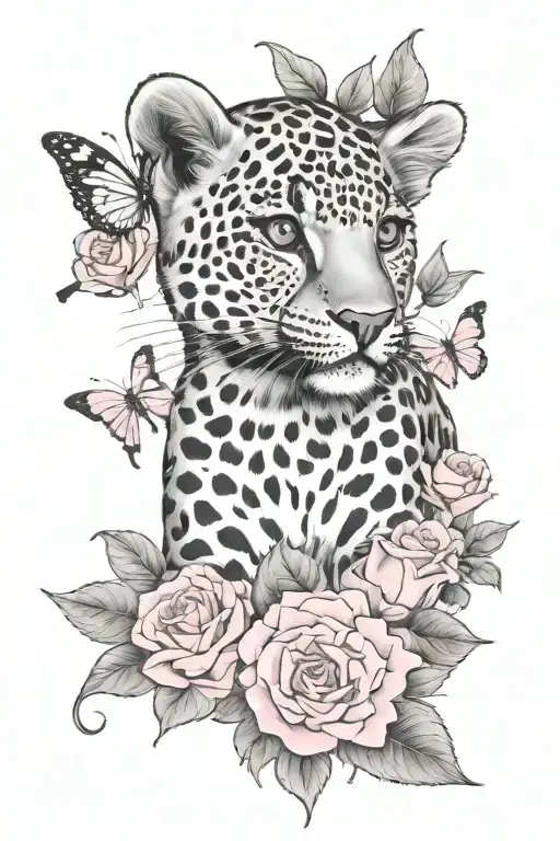 Baby Leopard Surrounded By Pink Butterflies And Roses