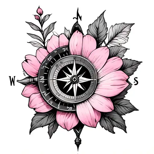 Navigation Compass And Pink Flower