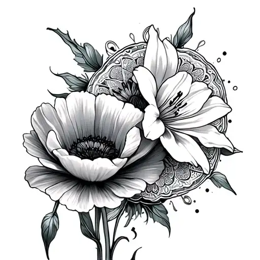 Poppy Flower Lily Flower And Chrysanthemum With Mandala In The Background Flowing