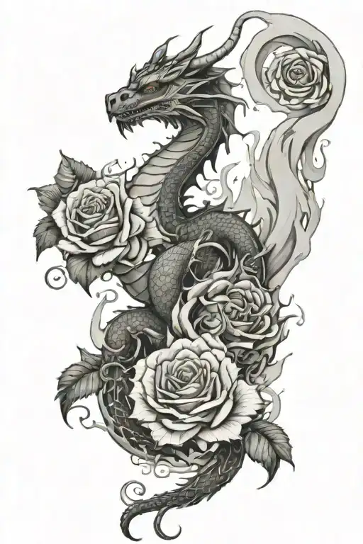Dragon Breathing Flames Surrounded By Roses
