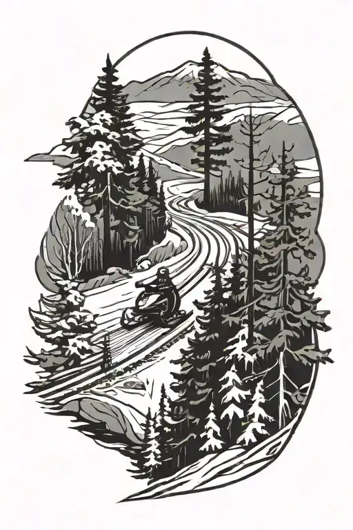 Snowmobile Trail Straight Line With Trees