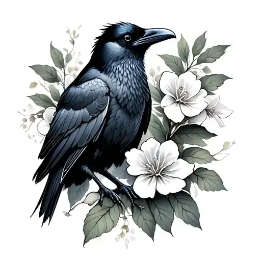 Raven With Honeysuckle Flowers