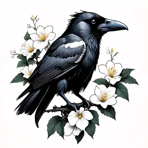 Raven With Honeysuckle Flowers Growing