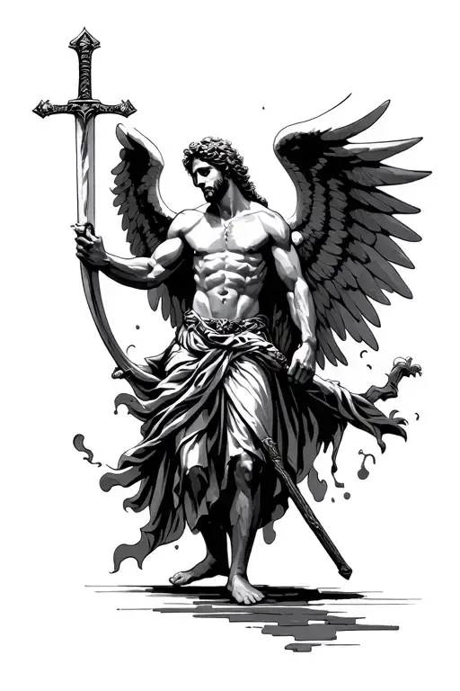 Archangel Michael With Sword Above His Head Tattoo Holding