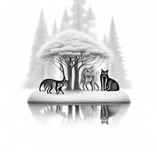 A Serene Forest With Cats Hiding In The Trees