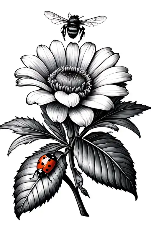 September And April Birth Flower With Ladybug On Stem And Bumble Bee Above