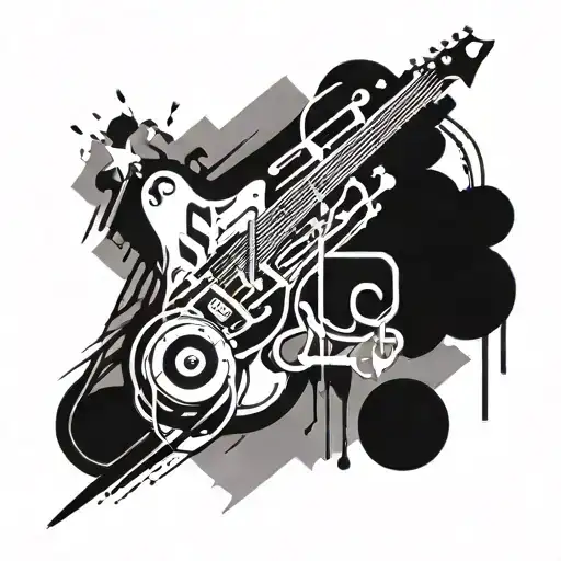An Abstract Art Piece Incorporating Music Notes And Rock Band Logos
