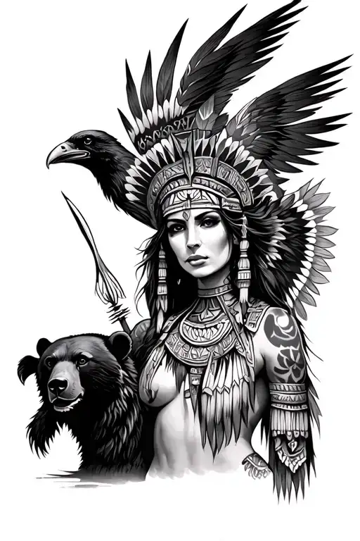 Lady Azteca Warrior With Bear And Raven