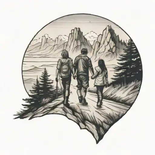 Family Of Three Walking Down The Road With Forest And Cliffs In Background