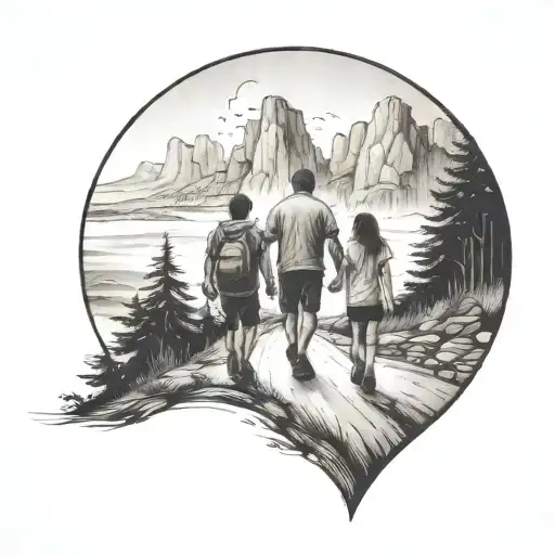 Family Of Three Walking Down The Road With Forest And Cliffs In Background