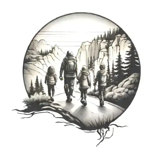 Family Of Three Walking Down The Road With Forest And Cliffs In Background