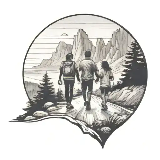 Family Of Three Walking Down The Road With Forest And Cliffs In Background