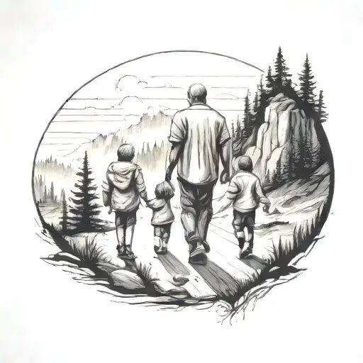 Father With Two Kids Walking Down The Road With Forest And Cliffs In Background