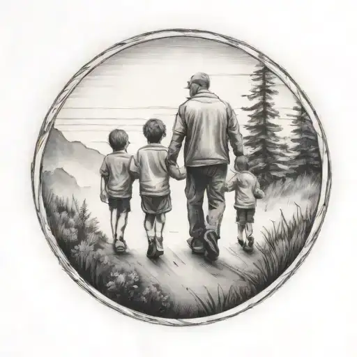 Father In The Middle With Two Kids Walking Down The Road With Forest And Cliffs In Background