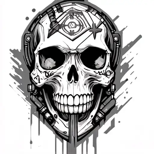 Skull With Cyberpunk Inspired Tattoo Featuring Iconic Symbols