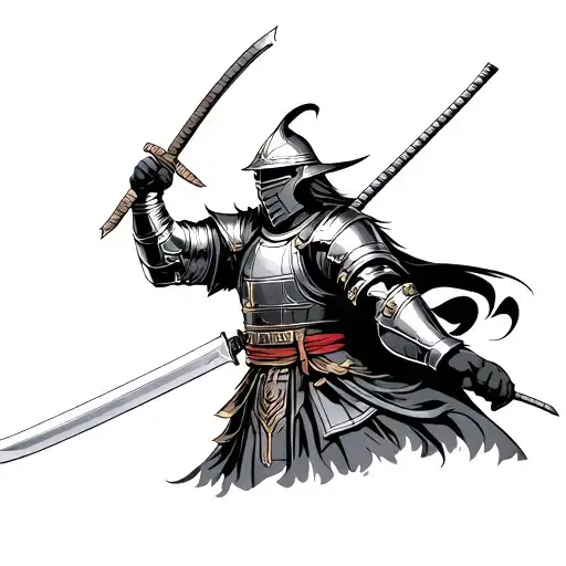 Samurai And The Knight In The Armor Holds The Sword For The Lower Part