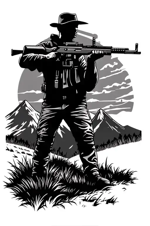 A Silhouette Of A Hunter With A Rifle Against A Mountain Backdrop At Sunset