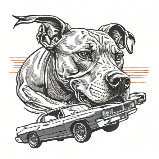A Black-grey Tattoo Of A Muscular Pitbull Driving A 73 Pontiac Gto On An Open Road