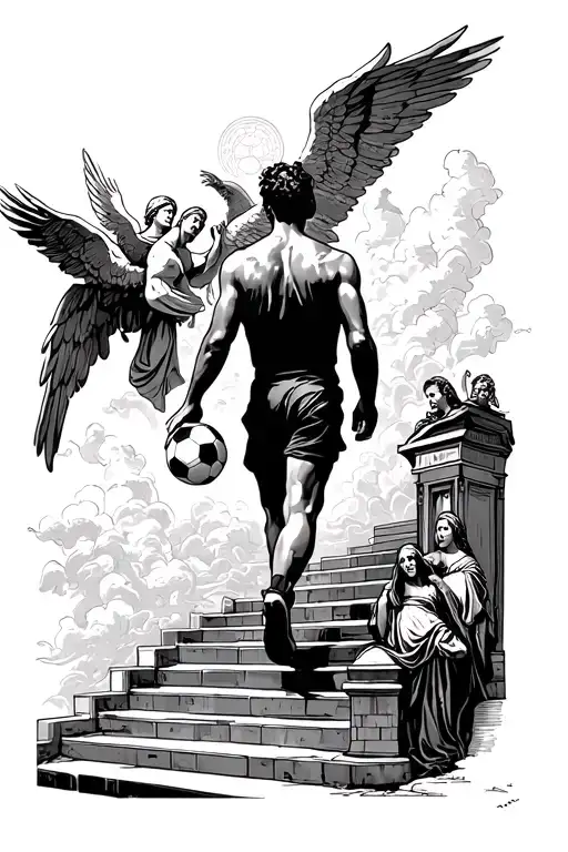 A Man With A Soccer Ball In His Hand Walking Upstairs To Heaven Gates While Angels Watch Over Him
