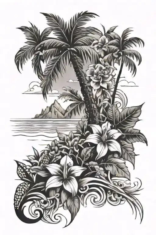 Ocean Scene Tropical Island Flowers
