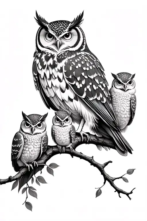 Owl And Babies On A Branch
