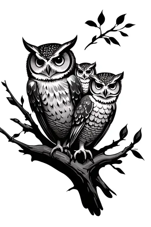 Owl And Two Babies On A Branch