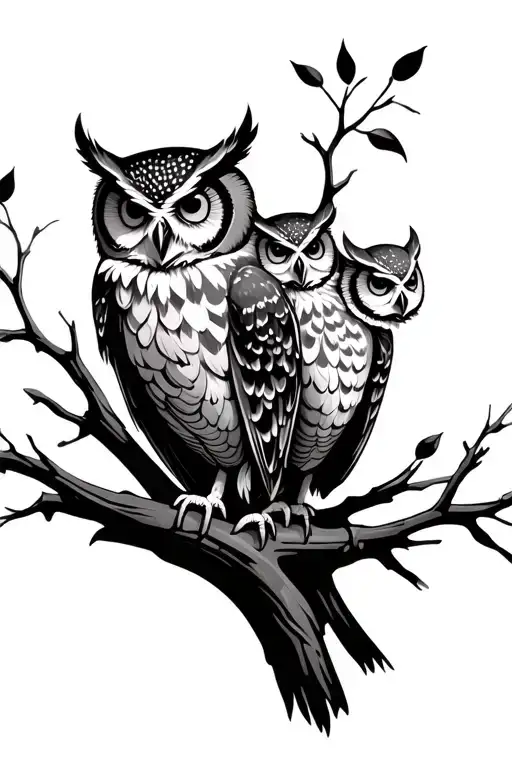 Owl And Two Babies On A Branch