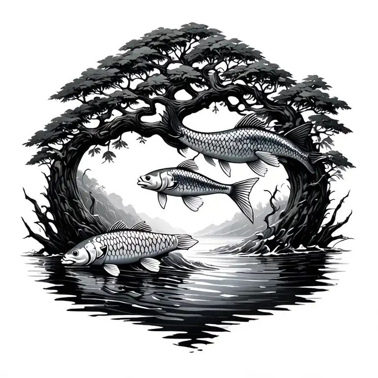Tree Of Life Whit Swimming Koi Fish Swimming Upstream