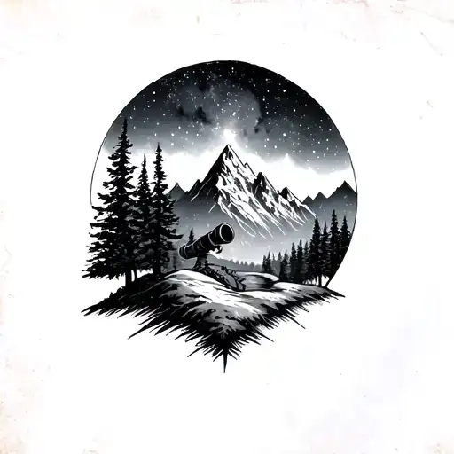 Mountains Behind Trees With Galaxy Stars And A Small Telescope